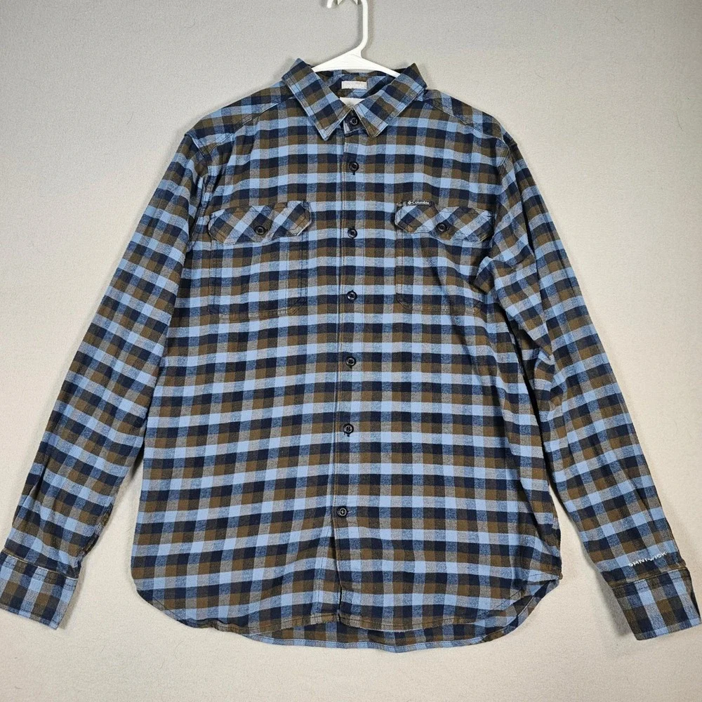 Columbia Button Up‎ Shirt Mens Medium Blue Brown Plaid Cotton  Omni-Wick Regular